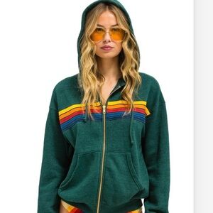 Aviator Nation Green Hoodie with Rainbow Stripes Size Small